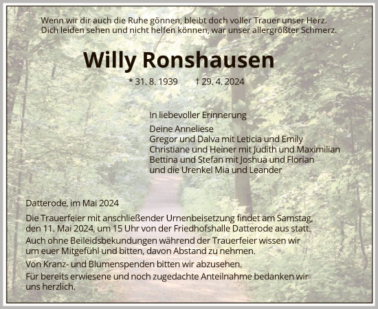 Todesanzeige von Willy Ronshausen von WRS