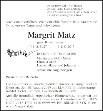 Todesanzeige von Margrit Matz von Trauer.de