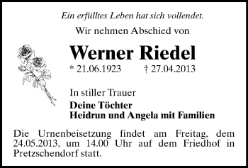 Todesanzeige von Werner Riedel von Freiberg / Brand Erbisdorf