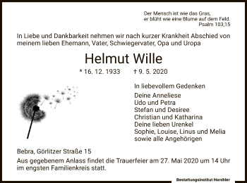 Todesanzeige von Helmut Wille von HNA