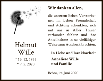 Todesanzeige von Helmut Wille von HNA