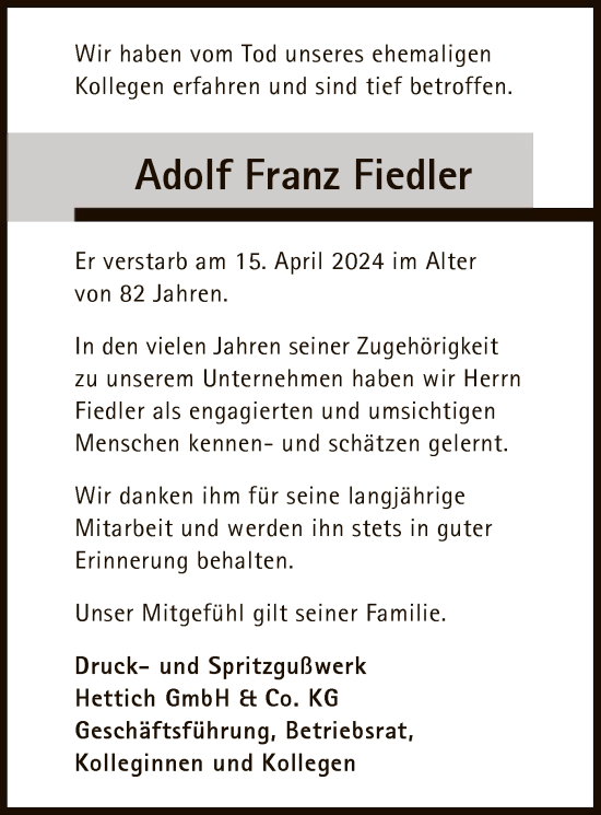 Todesanzeige von Adolf Franz Fiedler von HNA