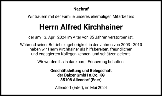 Todesanzeige von Alfred Kirchhainer von HNA