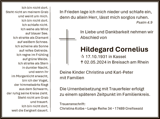 Todesanzeige von Hildegard Cornelius von HNA