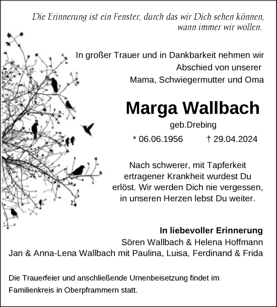 Todesanzeige von Marga Wallbach von HNAHNA