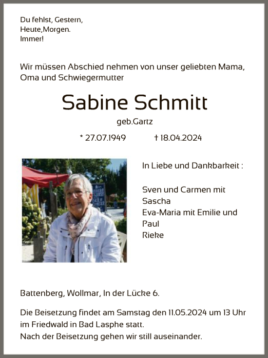 Todesanzeige von Sabine Schmitt von HNA