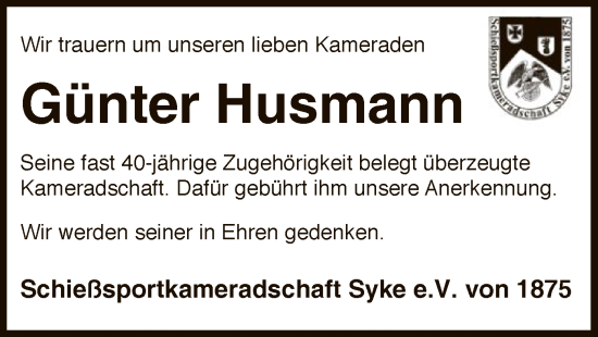 Todesanzeige von Günter Husmann von SYK