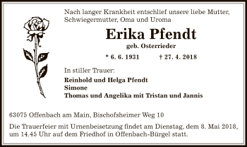 Todesanzeige von Erika Pfendt von Offenbach