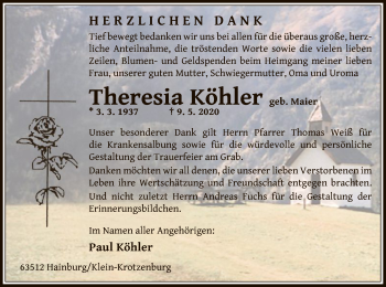 Todesanzeige von Theresia Köhler von OF