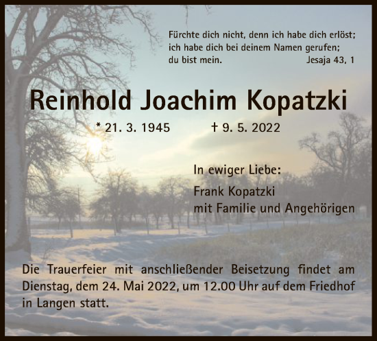 Todesanzeige von Reinhold Joachim Kopatzki von OF