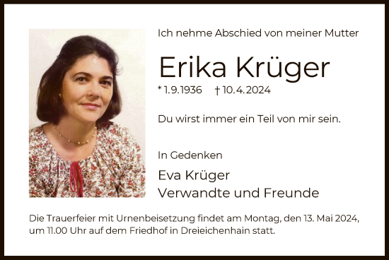 Todesanzeige von Erika Krüger von OF