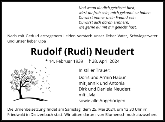 Todesanzeige von Rudolf Neudert von OF
