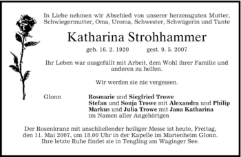 Todesanzeige von Katharina Strohhammer von GARMISCH-PARTENK. TAGBLATT