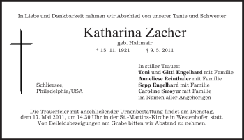 Todesanzeige von Katharina Zacher von MERKUR & TZ