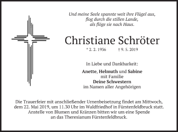 Todesanzeige von Christiane Schröter von merkurtz