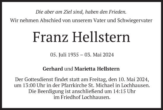Todesanzeige von Franz Hellstern von merkurtz