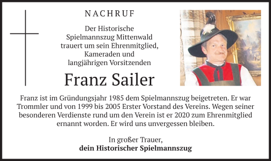 Todesanzeige von Franz Sailer von merkurtz