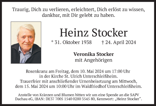 Todesanzeige von Heinz Stocker von merkurtz