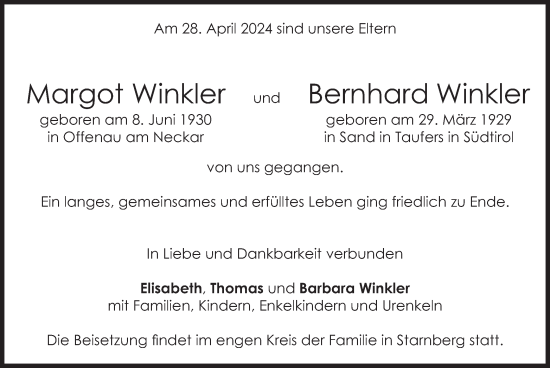 Todesanzeige von Margot und Bernhard Winkler von merkurtz
