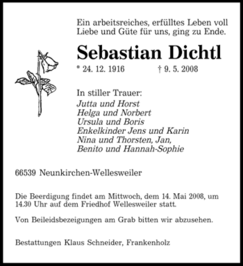 Todesanzeige von Sebastian Dichtl von SAARBRÜCKER ZEITUNG