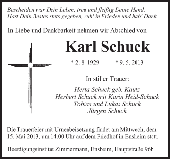 Todesanzeige von Karl Schuck von saarbruecker_zeitung