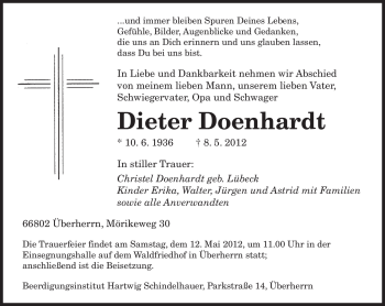 Todesanzeige von Dieter Doenhardt von SAARBRÜCKER ZEITUNG
