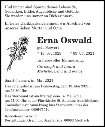 Todesanzeige von Erna Oswald von saarbruecker_zeitung