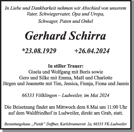 Todesanzeige von Gerhard Schirra von saarbruecker_zeitung