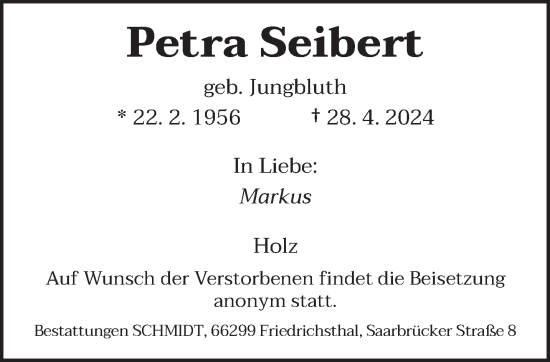 Todesanzeige von Petra Seibert von saarbruecker_zeitung