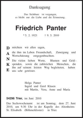 Todesanzeige von Friedrich Panter von TRIERISCHER VOLKSFREUND