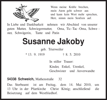 Todesanzeige von Susanne Jakoby von TRIERISCHER VOLKSFREUND