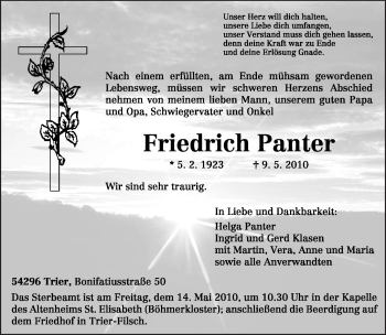 Todesanzeige von Friedrich Panter von TRIERISCHER VOLKSFREUND
