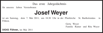 Todesanzeige von Josef Weyer von TRIERISCHER VOLKSFREUND