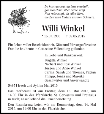 Todesanzeige von Willi Winkel von trierischer_volksfreund