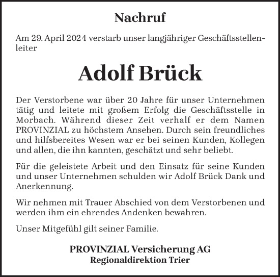 Todesanzeige von Adolf Brück von trierischer_volksfreund