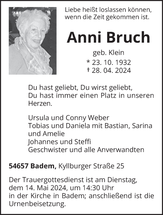 Todesanzeige von Anni Bruch von trierischer_volksfreund