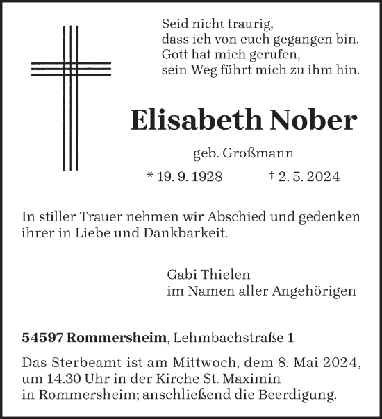 Todesanzeige von Elisabeth Nober von trierischer_volksfreund