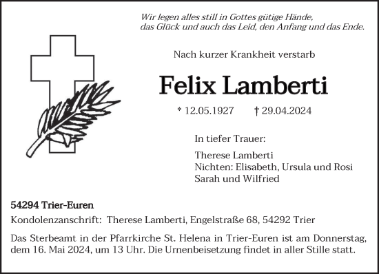 Todesanzeige von Felix Lamberti von trierischer_volksfreund