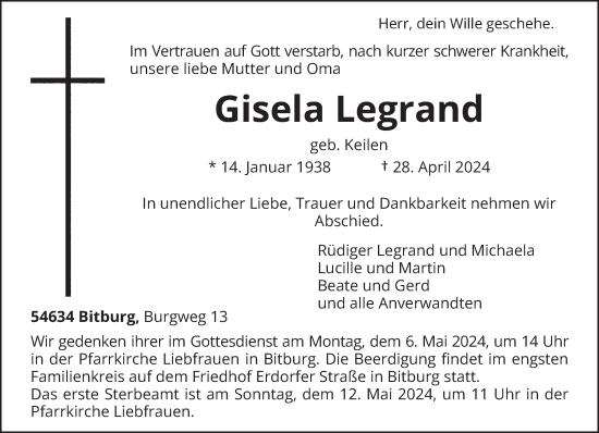 Todesanzeige von Gisela Legrand von trierischer_volksfreund