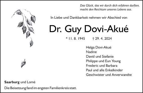 Todesanzeige von Guy Dovi-Akue von trierischer_volksfreund