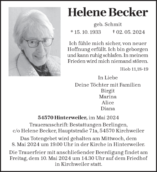 Todesanzeige von Helene Becker von trierischer_volksfreund