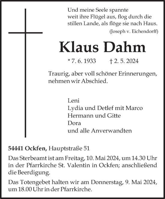 Todesanzeige von Klaus Dahm von trierischer_volksfreund