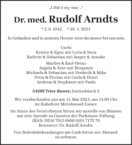 Todesanzeige von Rudolf Arndts von trierischer_volksfreund
