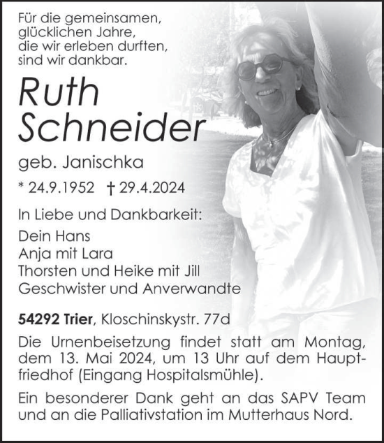 Todesanzeige von Ruth Schneider von trierischer_volksfreund