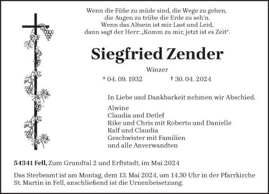 Todesanzeige von Siegfried Zender von trierischer_volksfreund