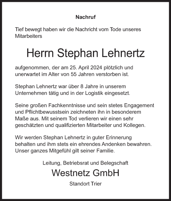 Todesanzeige von Stephan Lehnertz von trierischer_volksfreund