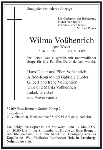 Todesanzeige von Wilma Voßhenrich von WESTFÄLISCHER ANZEIGER
