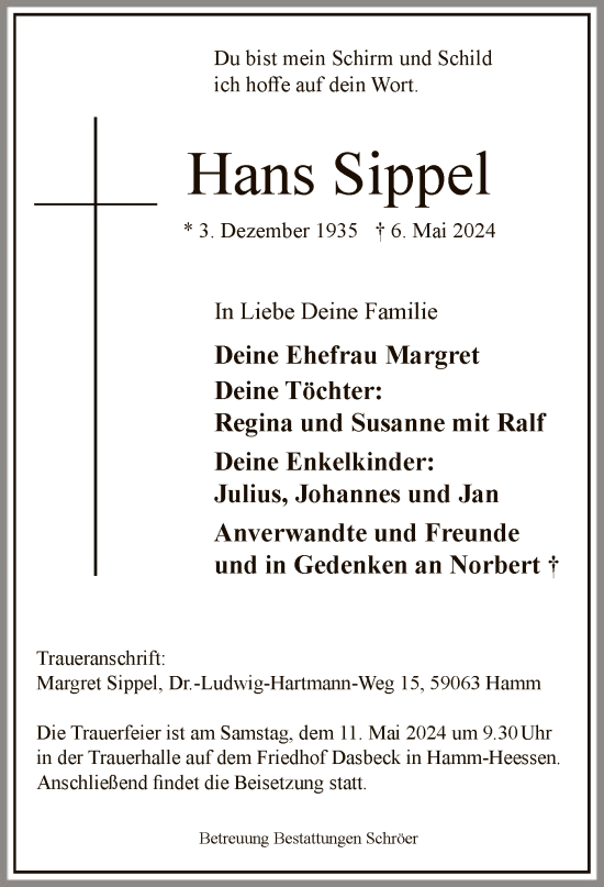 Todesanzeige von Hans Sippel von WA