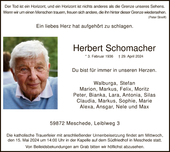 Todesanzeige von Herbert Schomacher von WA