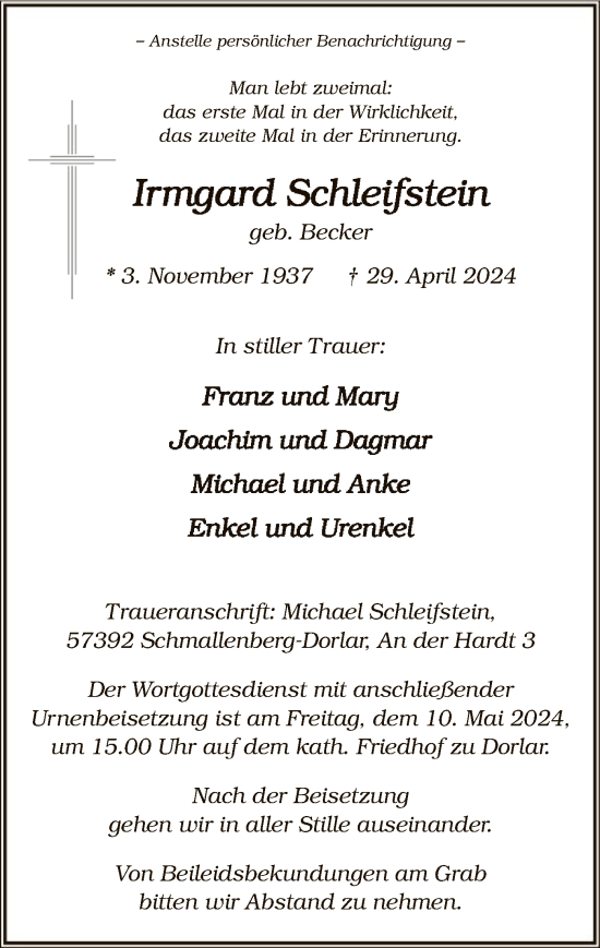 Todesanzeige von Irmgard Schleifstein von WA